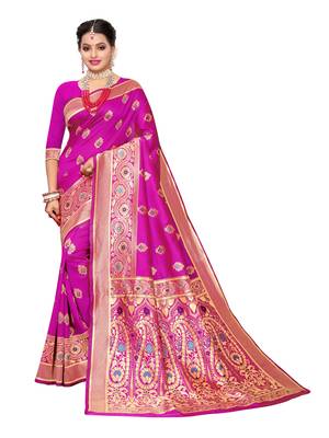 Pink Woven Poly Silk Saree With Blouse 1