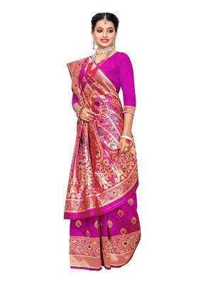 Pink Woven Poly Silk Saree With Blouse 4