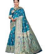 Blue Woven Poly Silk Saree With Blouse
