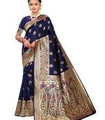 Navy Blue Woven Poly Silk Saree With Blouse