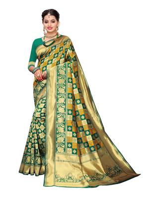 Green Woven Poly Silk Saree With Blouse 1