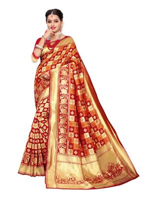 Red Woven Poly Silk Saree With Blouse 1