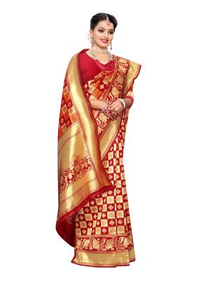Red Woven Poly Silk Saree With Blouse 4