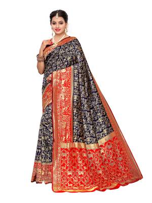 Navy Blue Woven art silk  Saree With Blouse 1