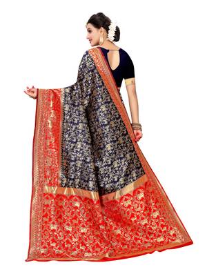 Navy Blue Woven art silk  Saree With Blouse 3