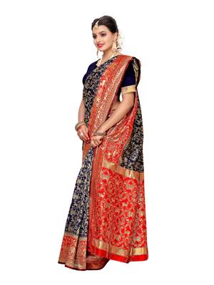 Navy Blue Woven art silk  Saree With Blouse 4