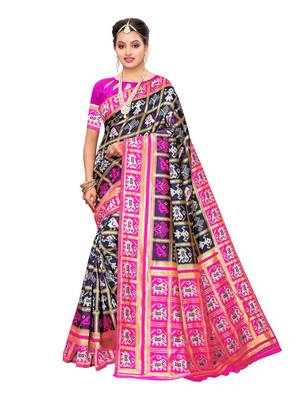 Navy Blue Woven Poly Silk Saree With Blouse 1
