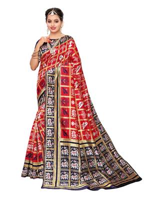 Red Woven Poly Silk Saree With Blouse 1