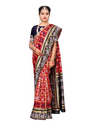 Red Woven Poly Silk Saree With Blouse 4