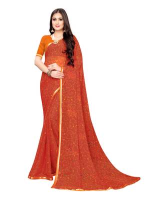 Orange Printed Chiffon Saree With Blouse 1
