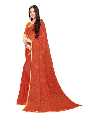 Orange Printed Chiffon Saree With Blouse 2