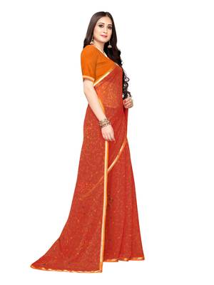 Orange Printed Chiffon Saree With Blouse 3