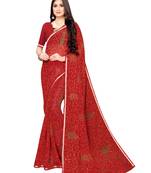Red Printed Chiffon Saree With Blouse