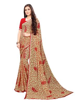 Beige Printed Chiffon Saree With Blouse 1
