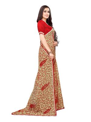 Beige Printed Chiffon Saree With Blouse 3