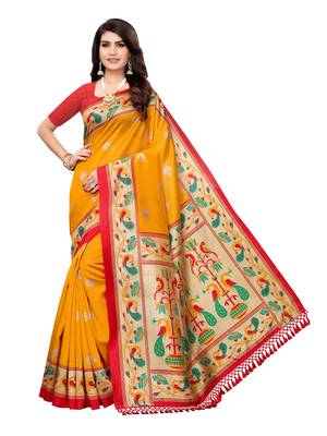 Yellow Printed Art Silk Saree With Blouse 1