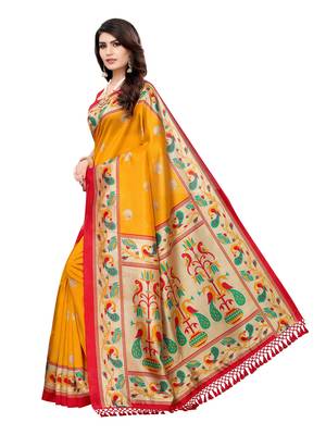 Yellow Printed Art Silk Saree With Blouse 2