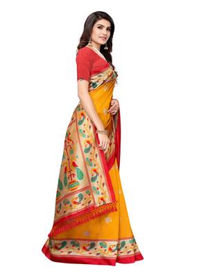 Yellow Printed Art Silk Saree With Blouse 3