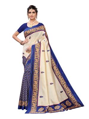 Off White Printed Poly Silk Saree With Blouse 1