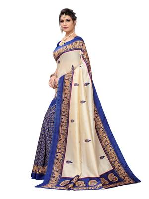 Off White Printed Poly Silk Saree With Blouse 2