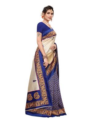Off White Printed Poly Silk Saree With Blouse 3