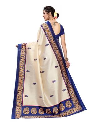 Off White Printed Poly Silk Saree With Blouse 4