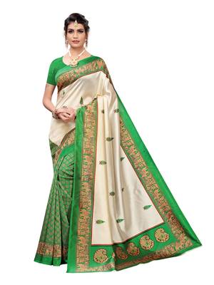 Off White Printed Poly Silk Saree With Blouse 1