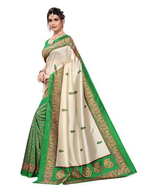 Off White Printed Poly Silk Saree With Blouse 2