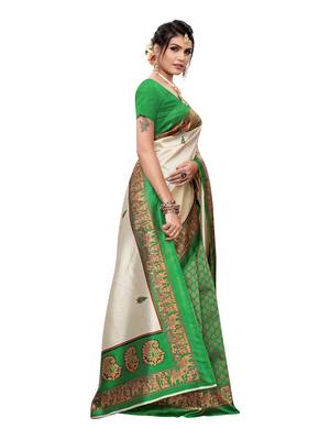 Off White Printed Poly Silk Saree With Blouse 3
