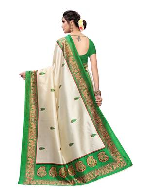Off White Printed Poly Silk Saree With Blouse 4