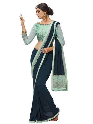 Blue Embroidered Georgette Saree With Blouse 1