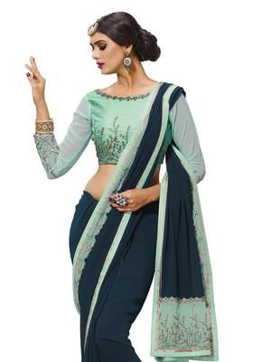 Blue Embroidered Georgette Saree With Blouse 2