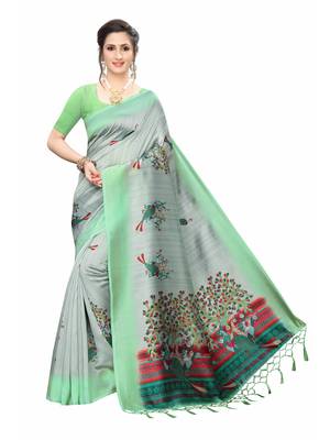 Grey printed art silk saree with blouse 1