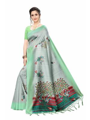 Grey printed art silk saree with blouse 2