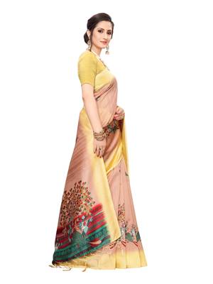 Yellow Printed Art Silk Saree With Blouse 3