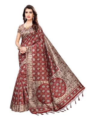 Grey Printed Art Silk Saree With Blouse 1