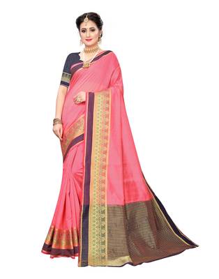 Peach woven cotton silk saree with blouse 1