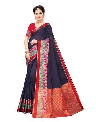 Navy blue woven cotton silk saree with blouse 1