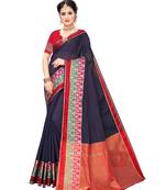 Navy blue woven cotton silk saree with blouse