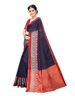 Navy blue woven cotton silk saree with blouse 2