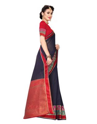 Navy blue woven cotton silk saree with blouse 3