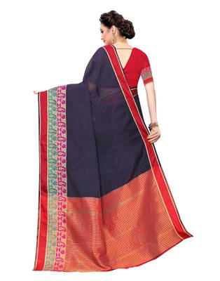 Navy blue woven cotton silk saree with blouse 4