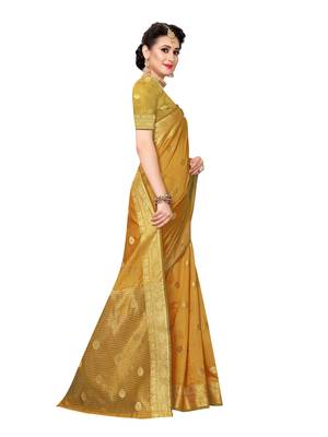 Yellow woven cotton silk saree with blouse 3