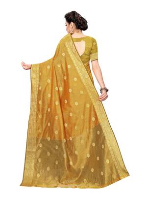Yellow woven cotton silk saree with blouse 4