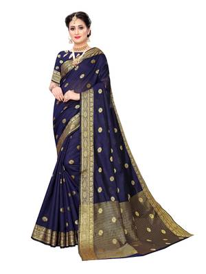 Navy Blue Woven Cotton Silk Saree With Blouse 1