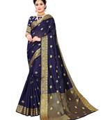 Navy Blue Woven Cotton Silk Saree With Blouse