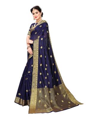 Navy Blue Woven Cotton Silk Saree With Blouse 2