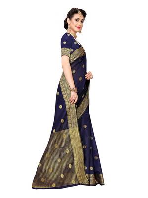 Navy Blue Woven Cotton Silk Saree With Blouse 3