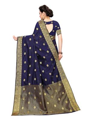 Navy Blue Woven Cotton Silk Saree With Blouse 4