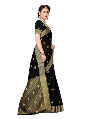 Black Woven Cotton Silk Saree With Blouse 3
